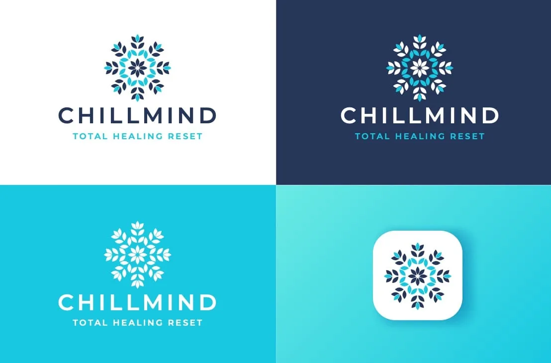 Chillmind brand identity design with logo variations and app icon application.