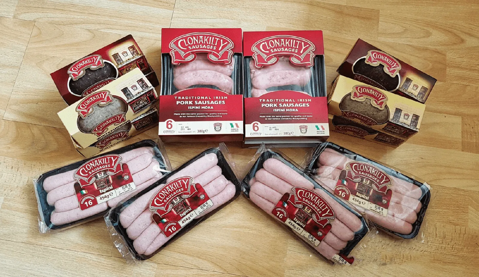Clonakilty packaged sausages and puddings, suitable for ecommerce website design.
