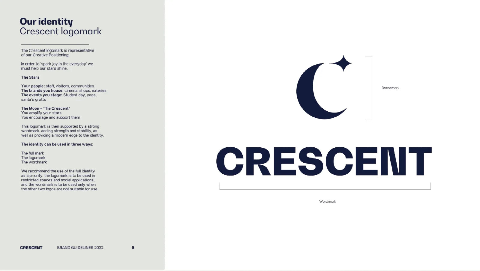 Brand identity design showing Crescent logomark and wordmark.
