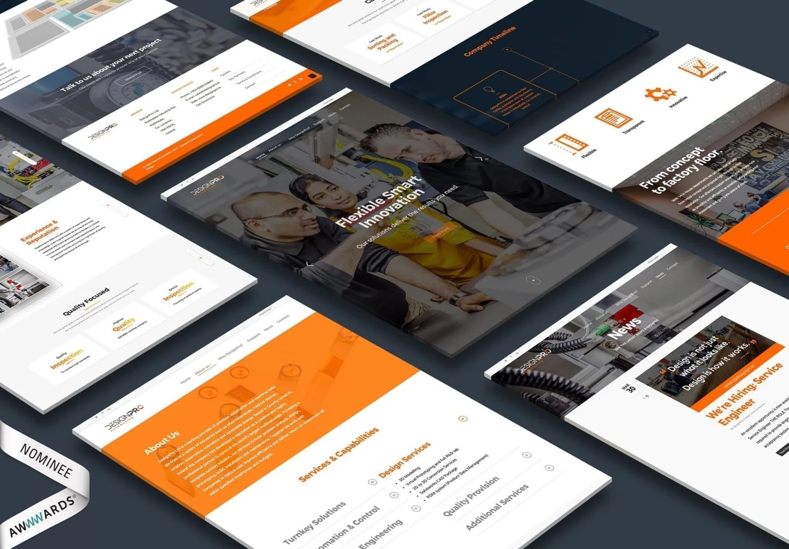 DesignPro industrial automation website shown as a layered interface system