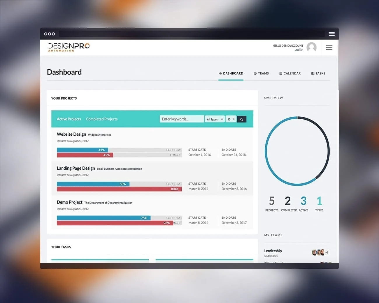 Project management dashboard for website design, showing progress.