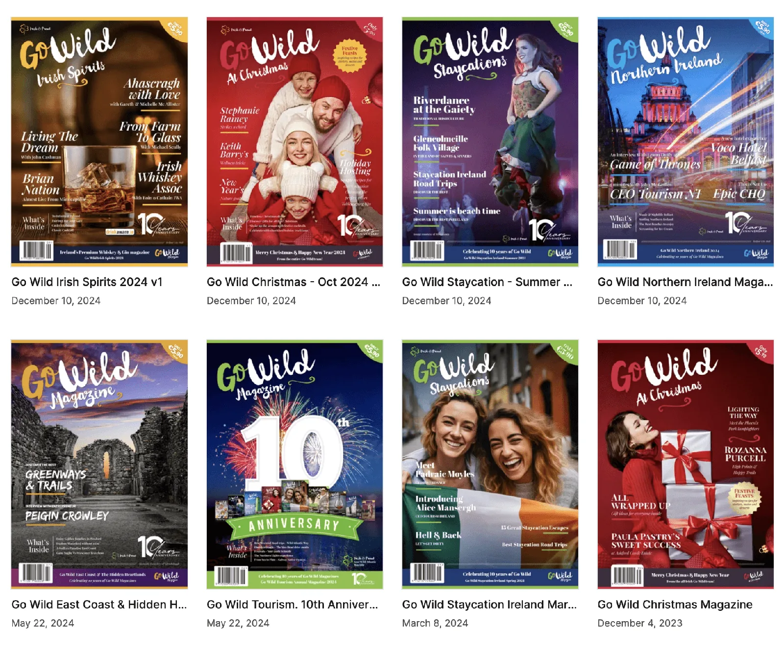 Display of Go Wild magazine covers, showcasing Graphic House projects.
