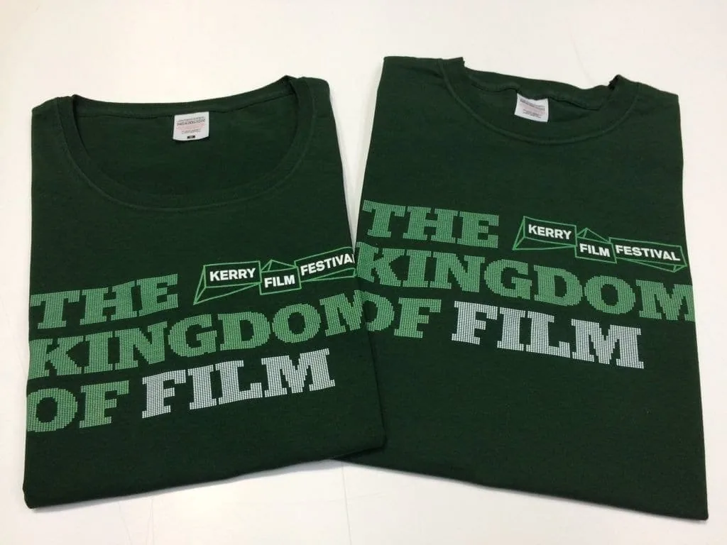 Two green t-shirts with Kerry Film Festival branding, part of brand identity design.