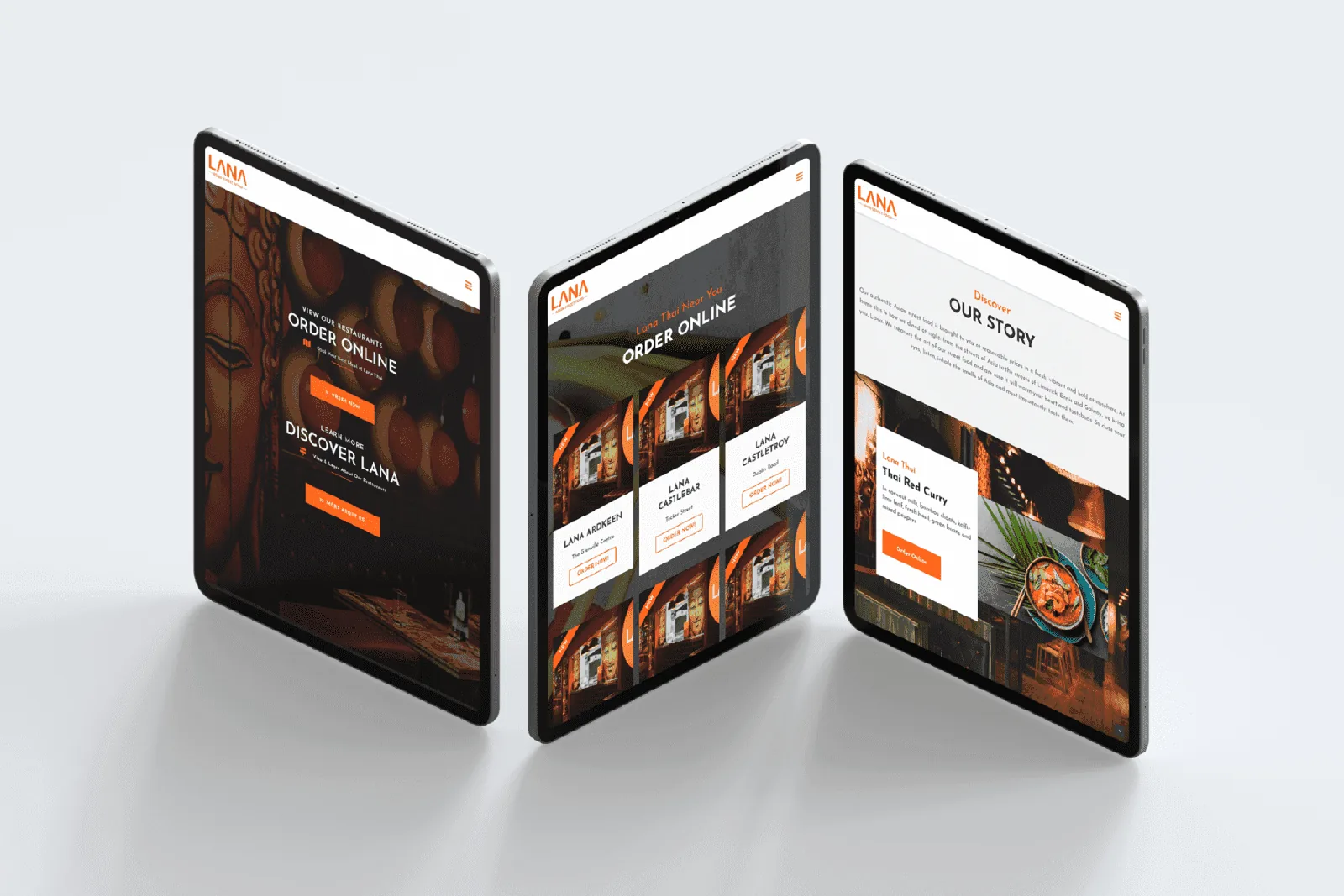 Lana Thai restaurant and ordering website presented across three tablets