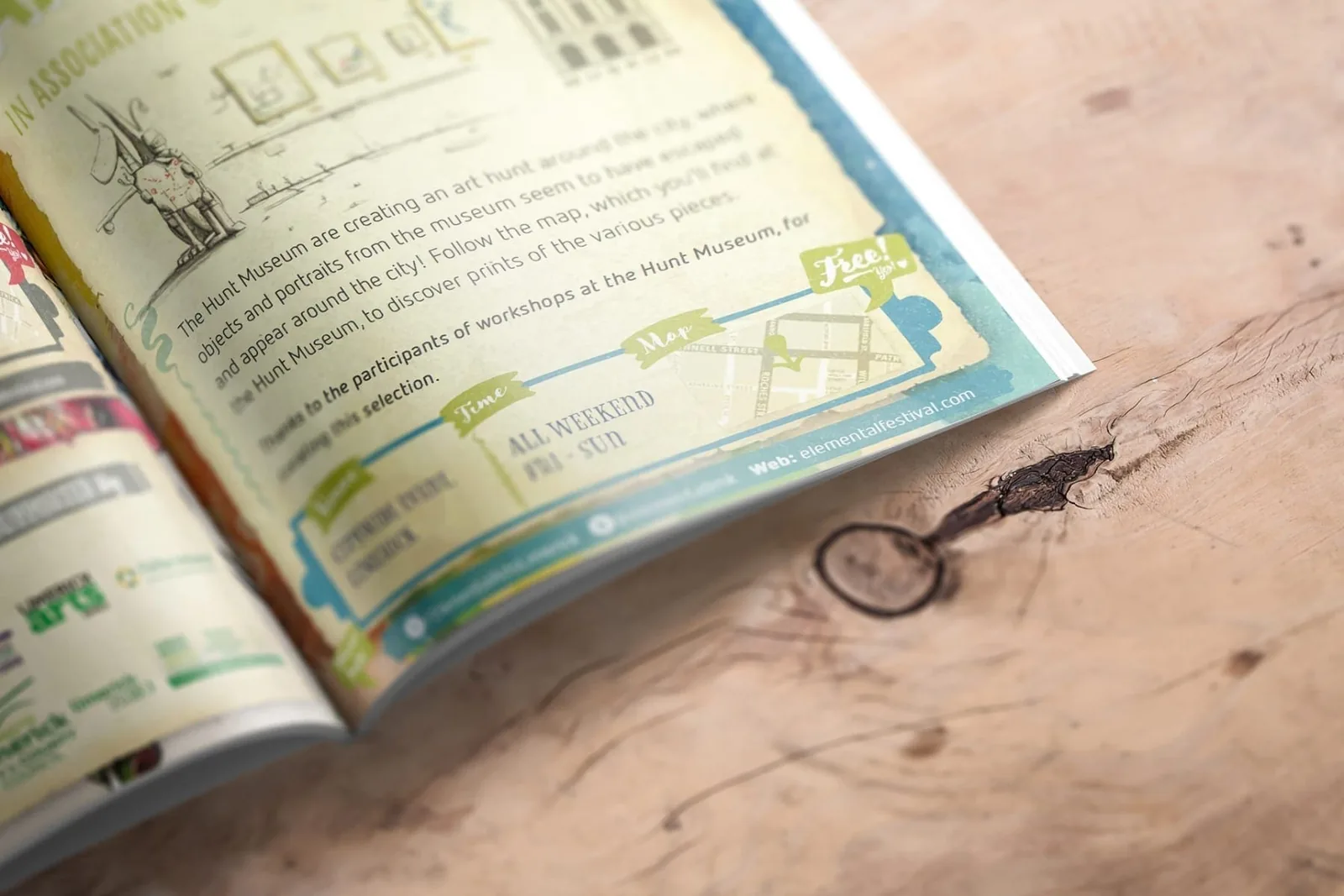 Event magazine page with map and illustrations for brand identity design.