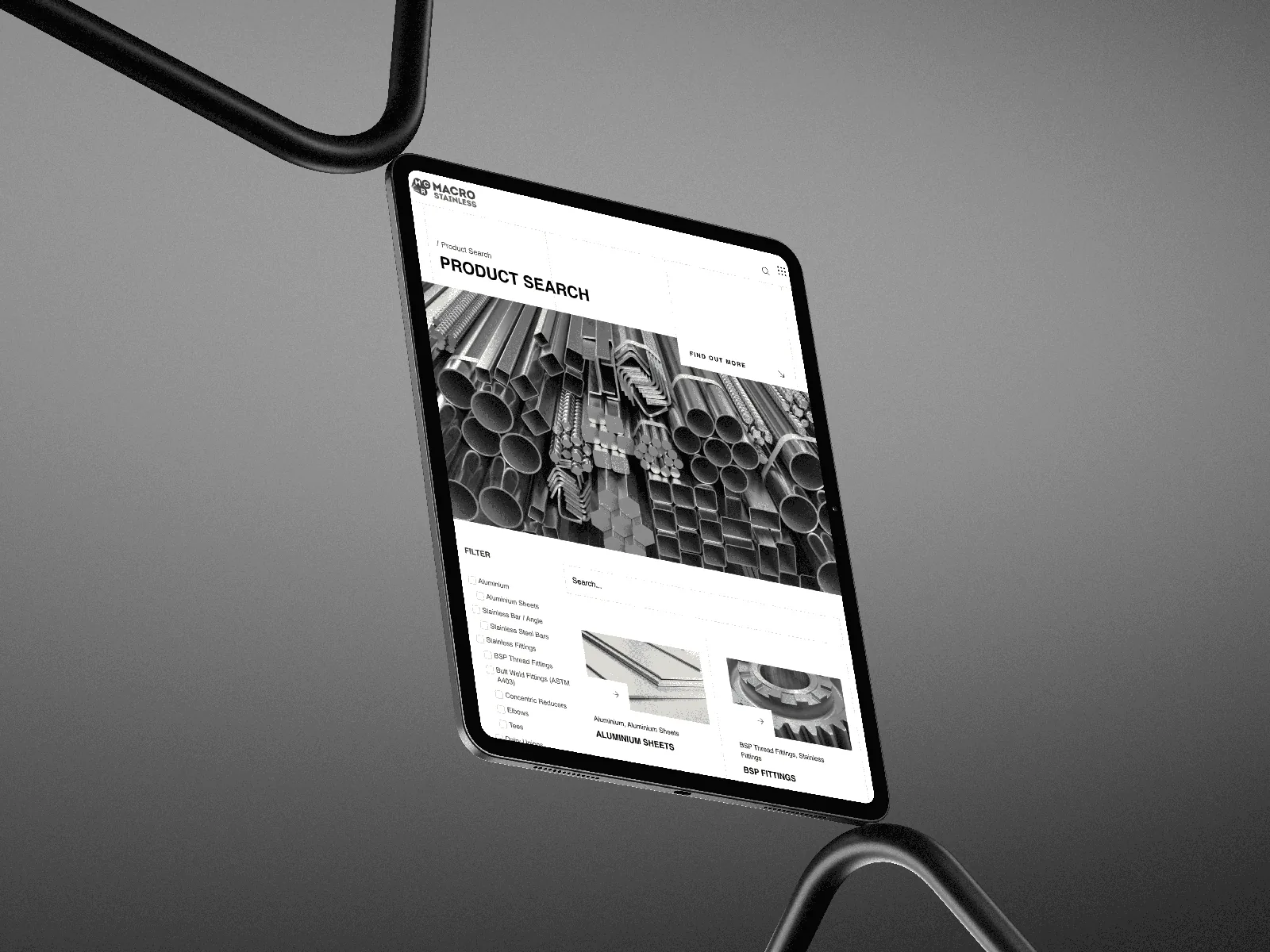 Tablet displaying an ecommerce product search page for ecommerce website design.