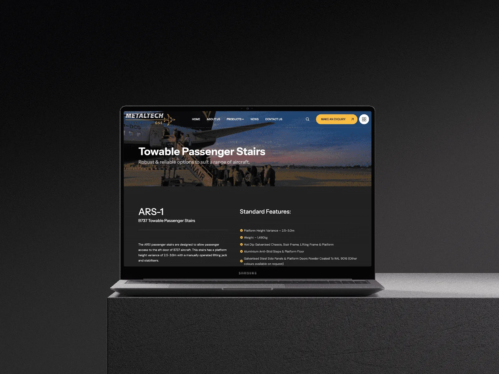 Product page on laptop demonstrating website design with features.
