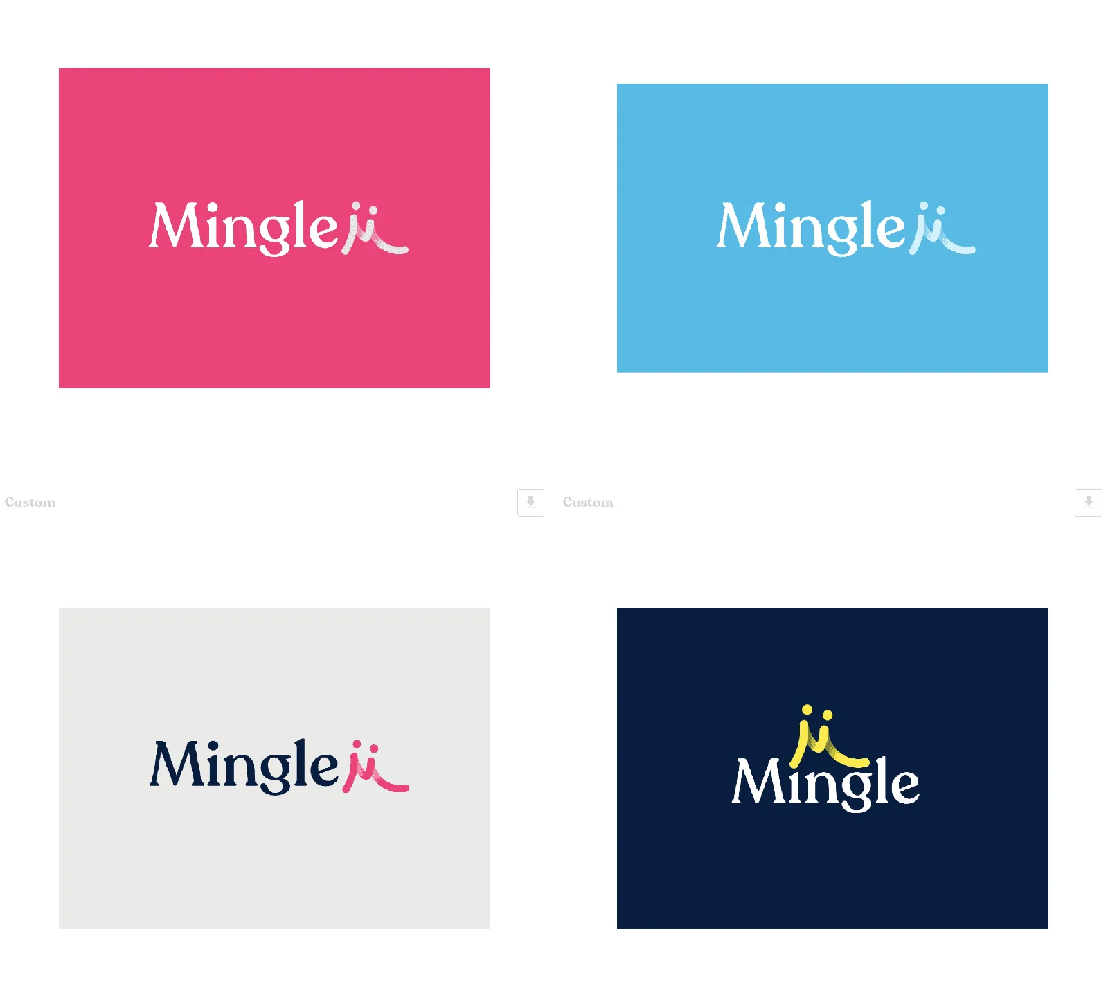 Mingle identity system shown across pink, blue, white and navy applications