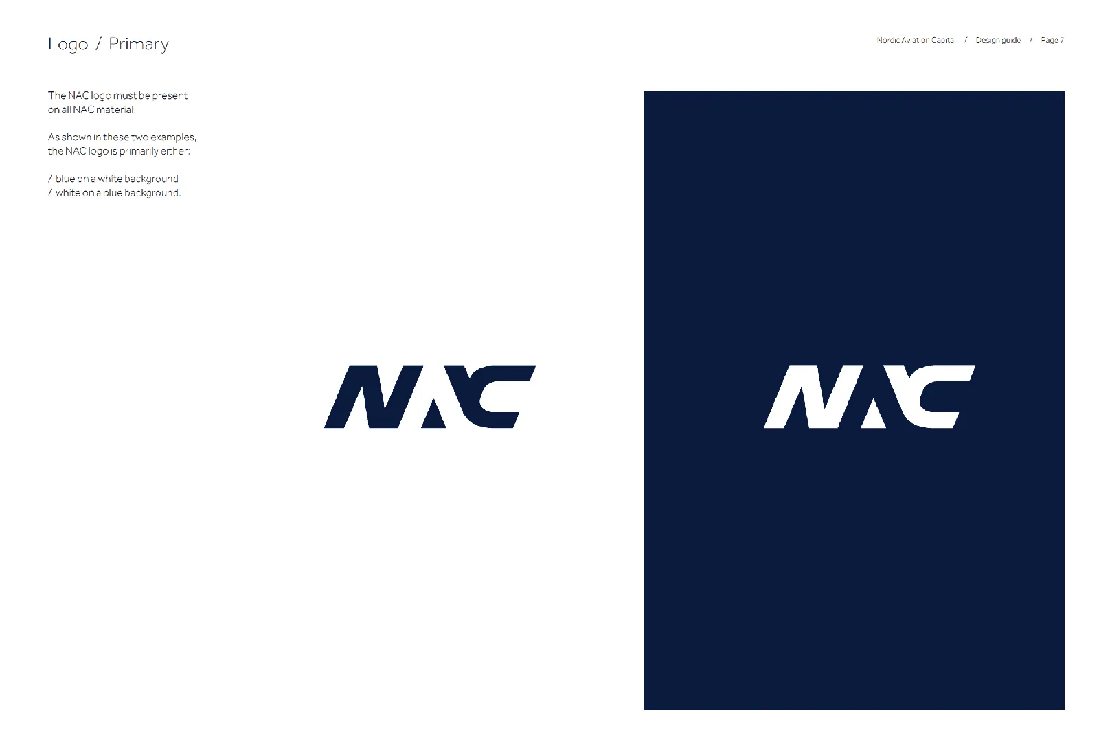 Brand identity design examples for NAC logo on light and dark backgrounds.