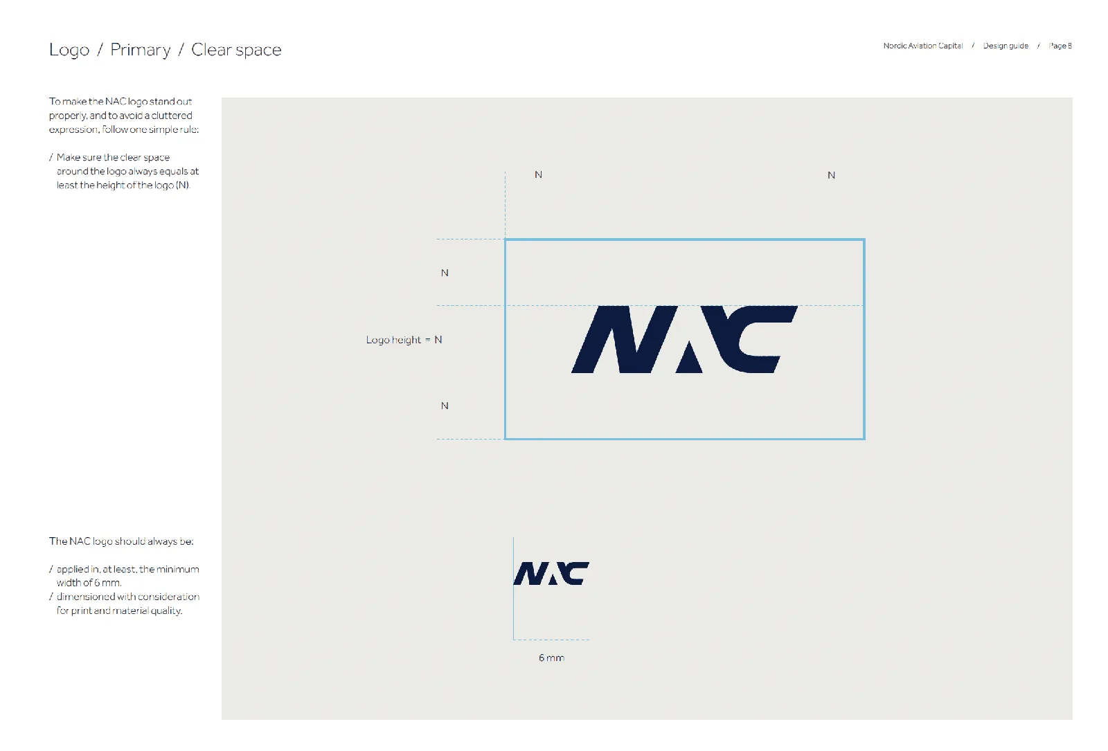 NAC logo clear space and minimum size guide for brand identity design.