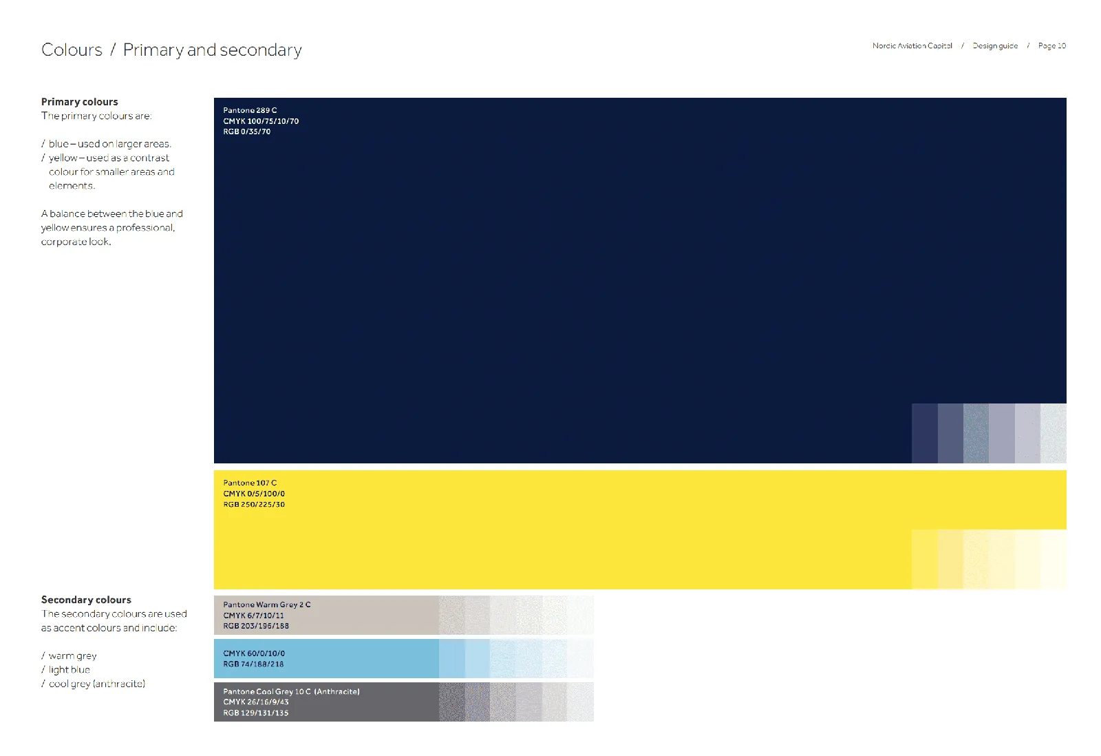Brand identity design color palette with primary navy, yellow, and secondary greys.