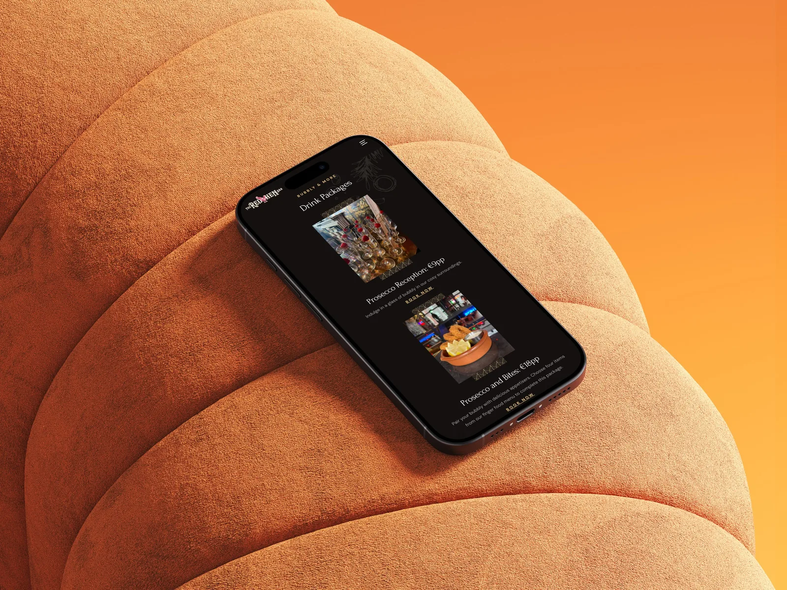 Mobile website showing drink packages and booking options, an example of website design.