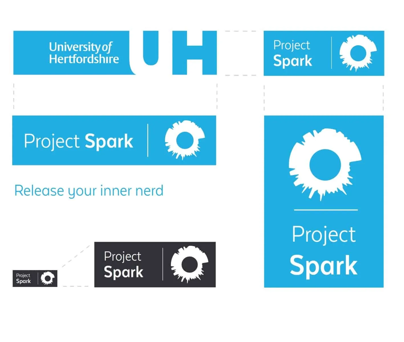 Brand identity design variations for Project Spark and University of Hertfordshire.
