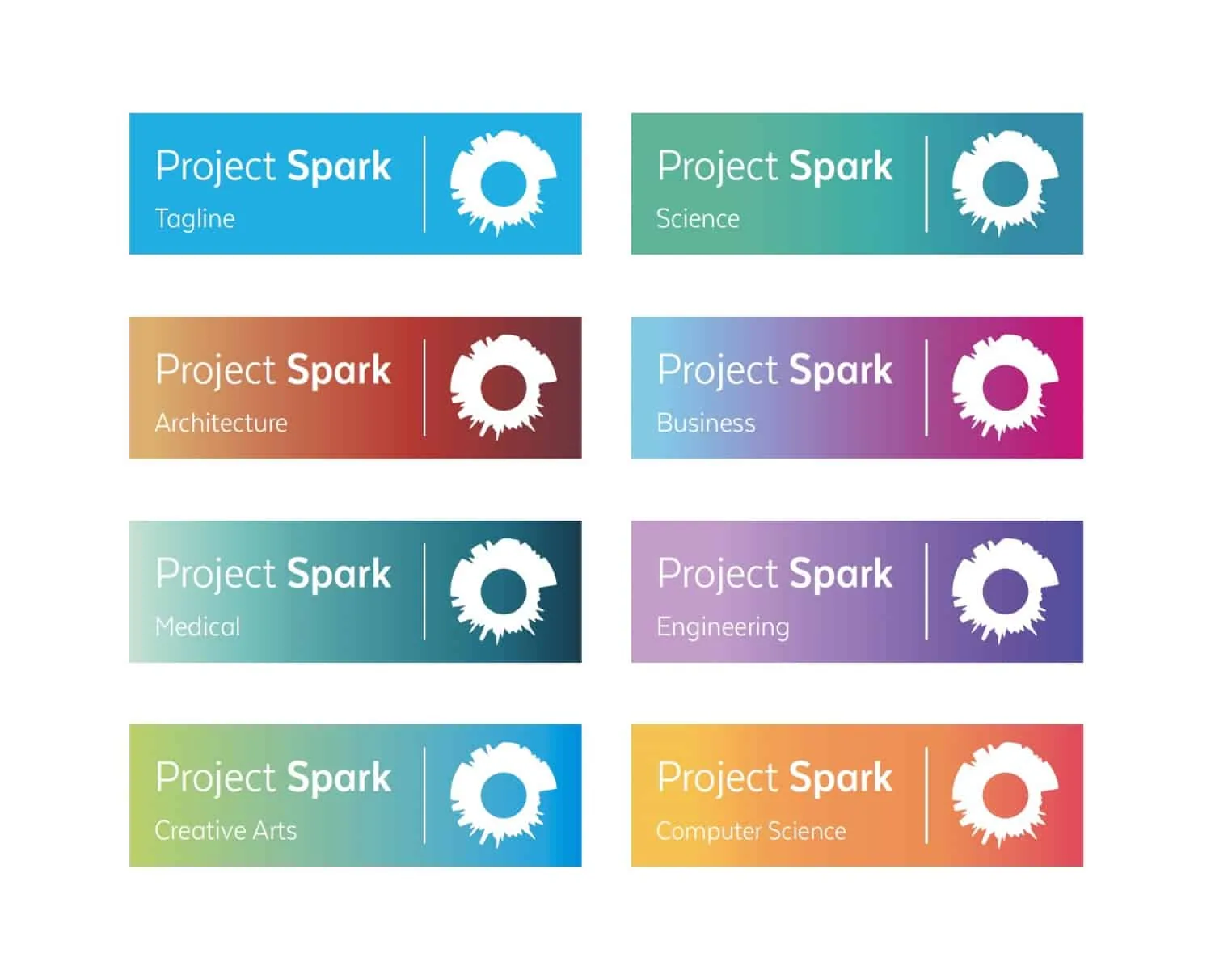 Project Spark logo and brand identity design with varied gradients and taglines.