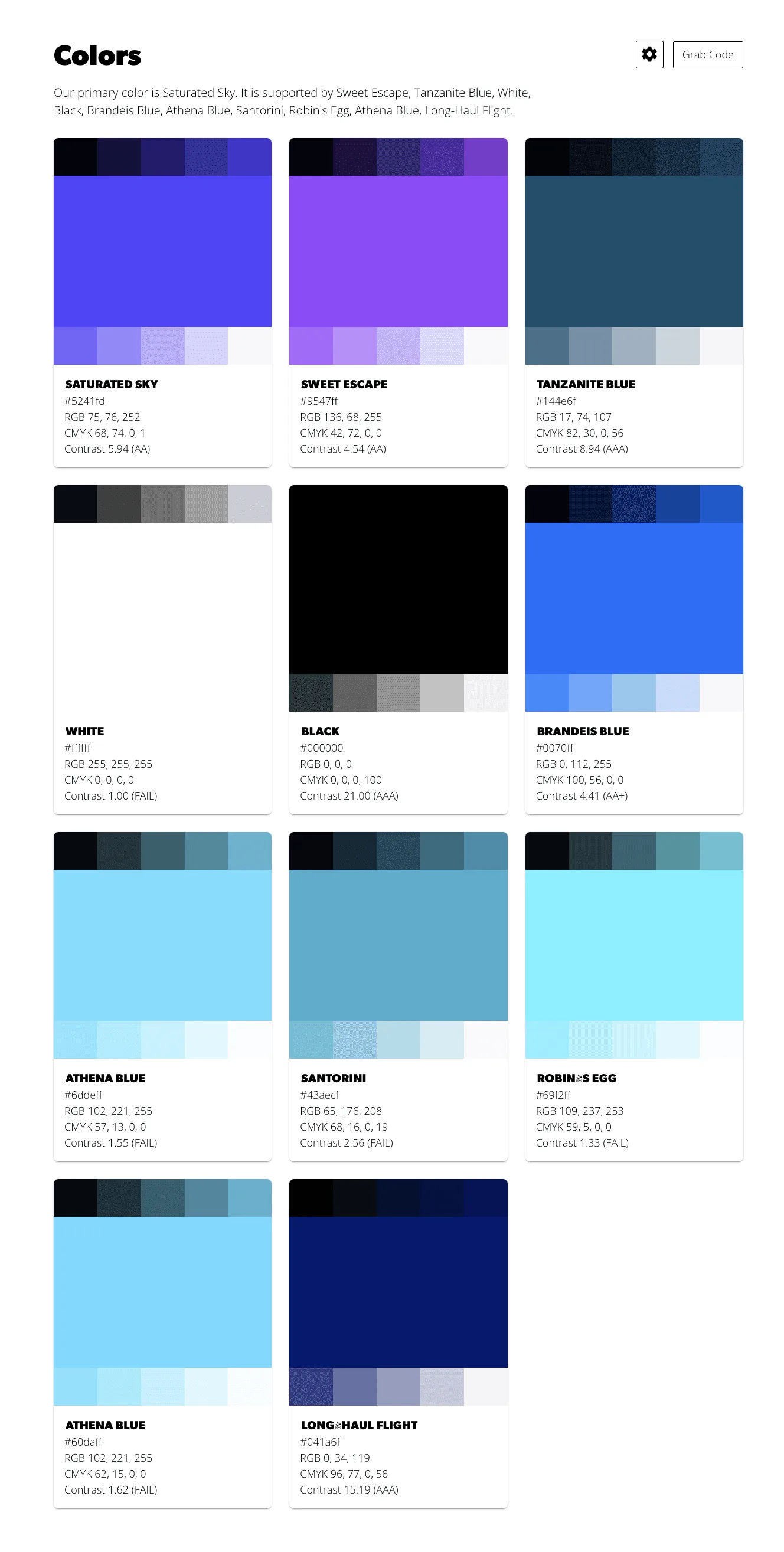 Brand identity design color palette with accessibility and technical details.